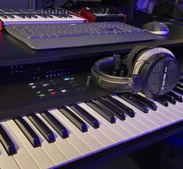 One of the music production computers at Drop Studio